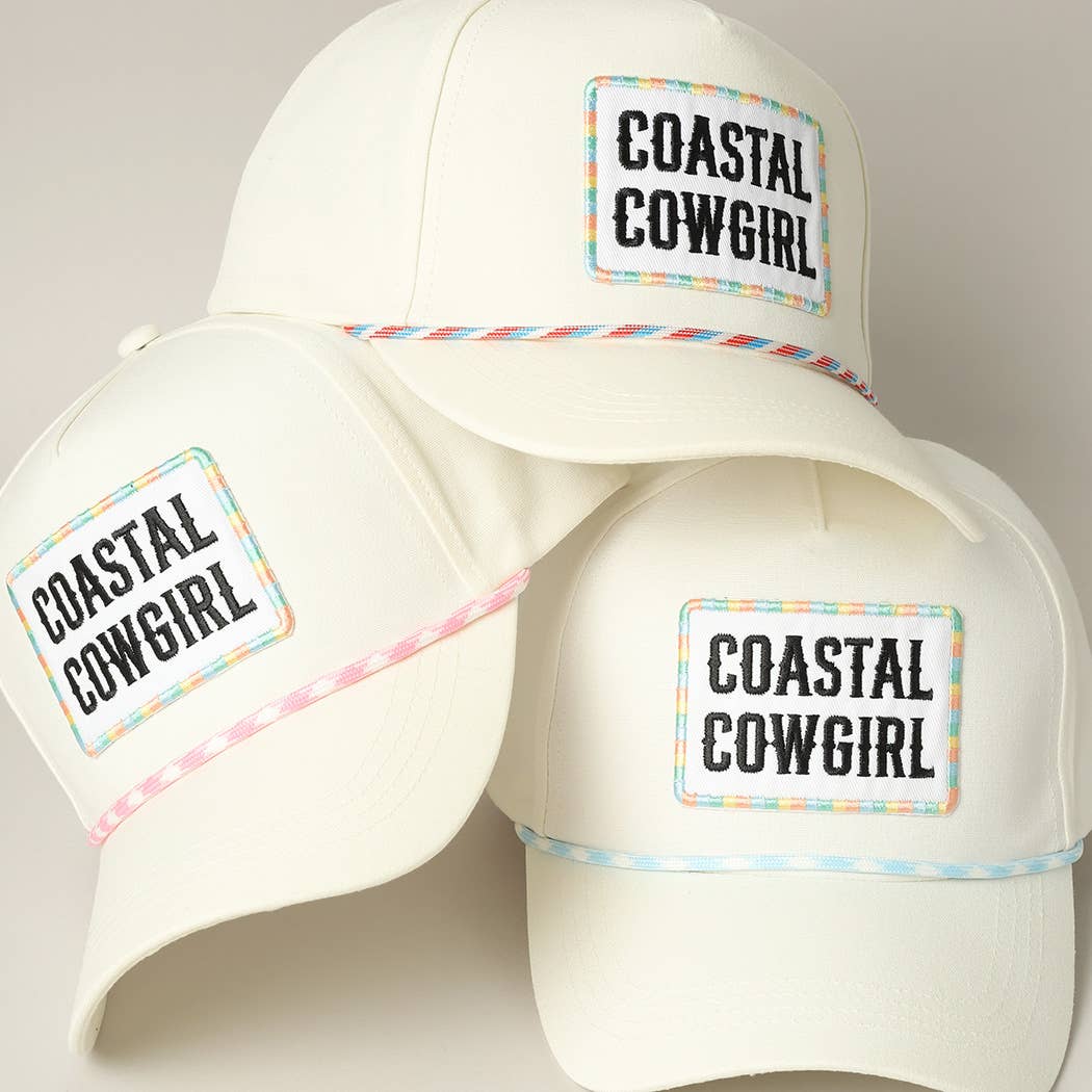 White Coastal Cowgirl Embroidery Patch Trucker Hat with Pink and White Trim
