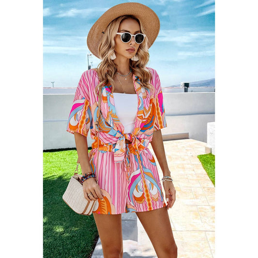 Fun Print Drop Shoulder Blouse Tie Front Shorts