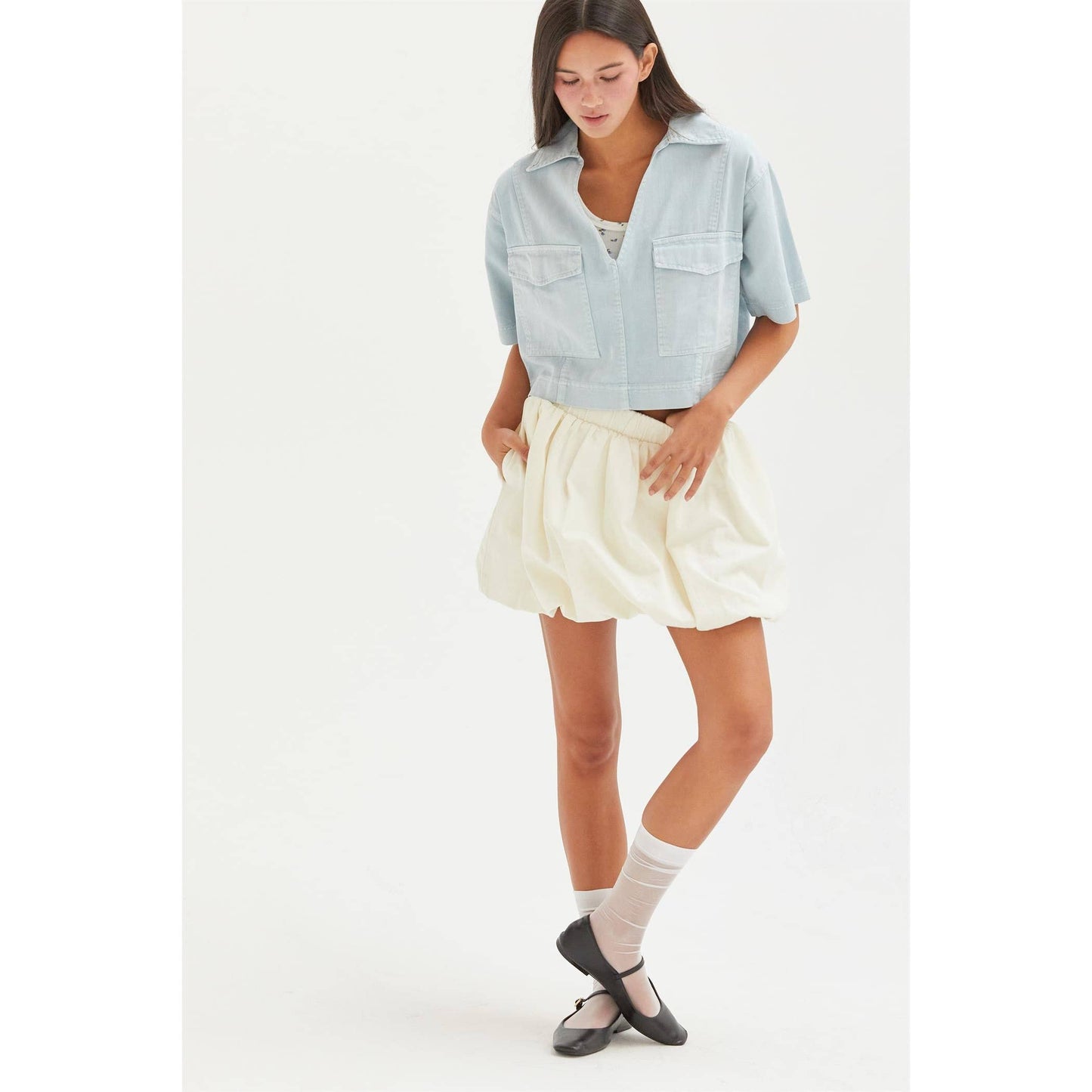 Trendy High Waist Woven Bubble Skirt: CREAM