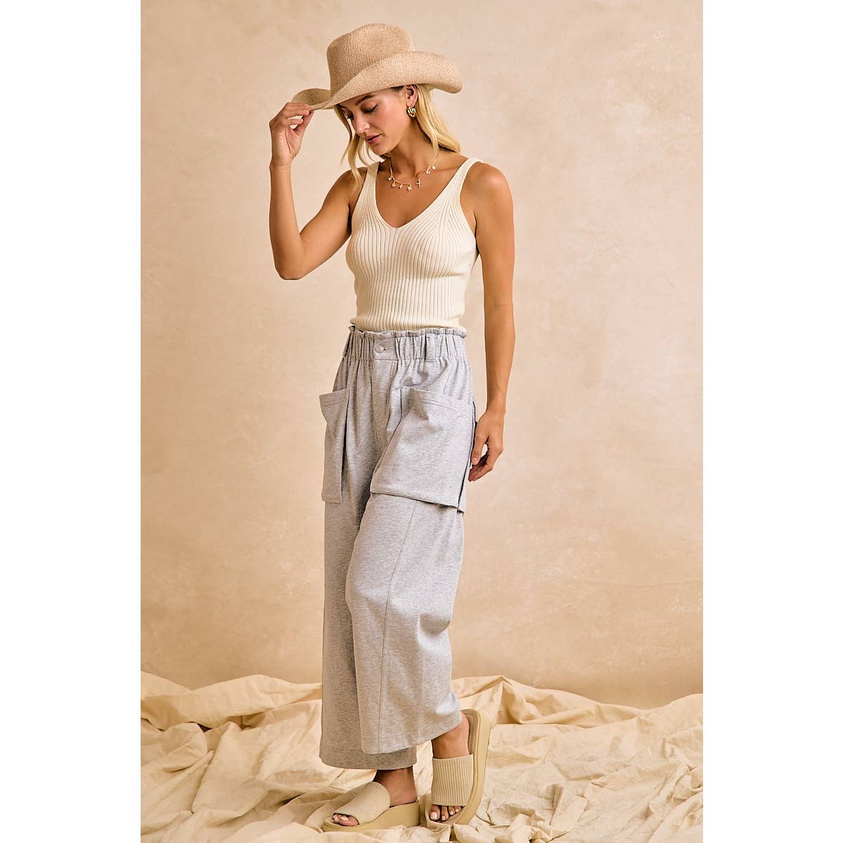 Denum Blue French Terry Wide Leg Pants-131956