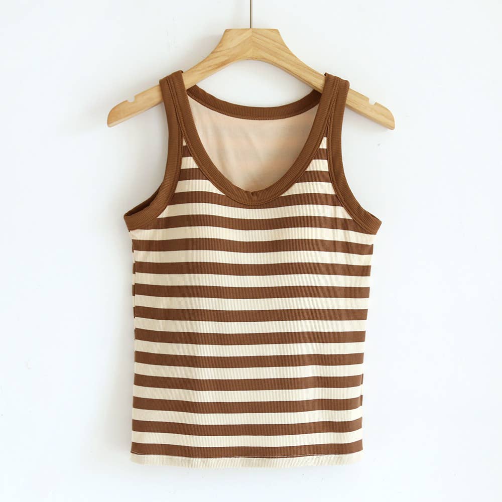 Your Choice...Coffee/ Blue/ Black and Cream Stripe Scoop Neck built-in bra Ribbed Tank Tops