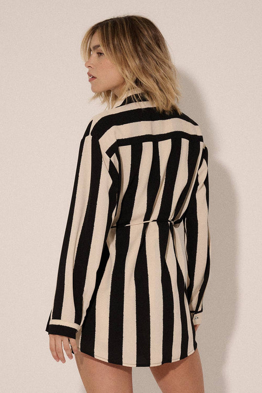 Cream and Black Striped Collared Button Front Romper-221481