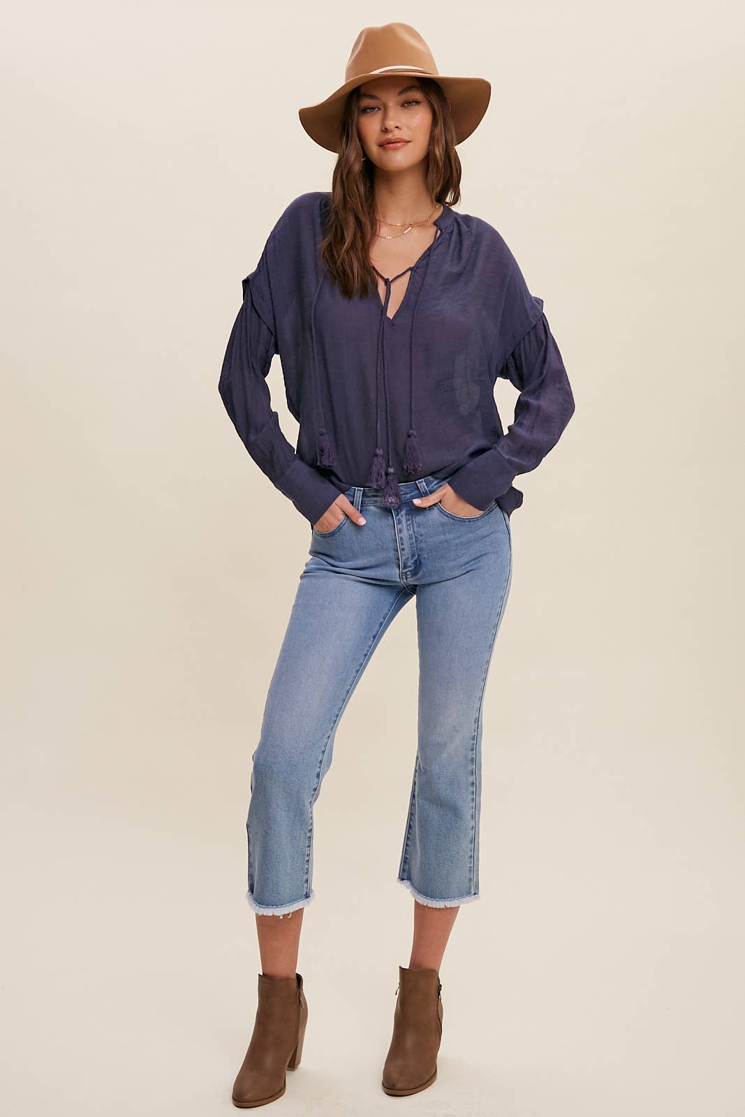 Navy Tassel Tie Boho Blouse- 140783