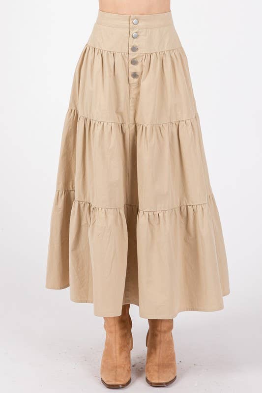 Beige Tiered Cotton Maxi Skirt W/ Button Detailed Front