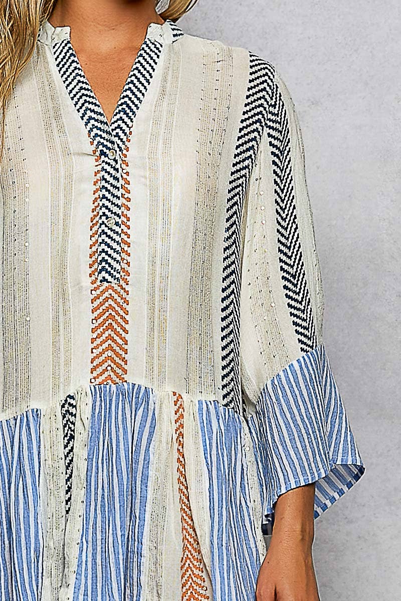 Cream w/ Multi Color Woven Cotton Embroidered Dress-121717