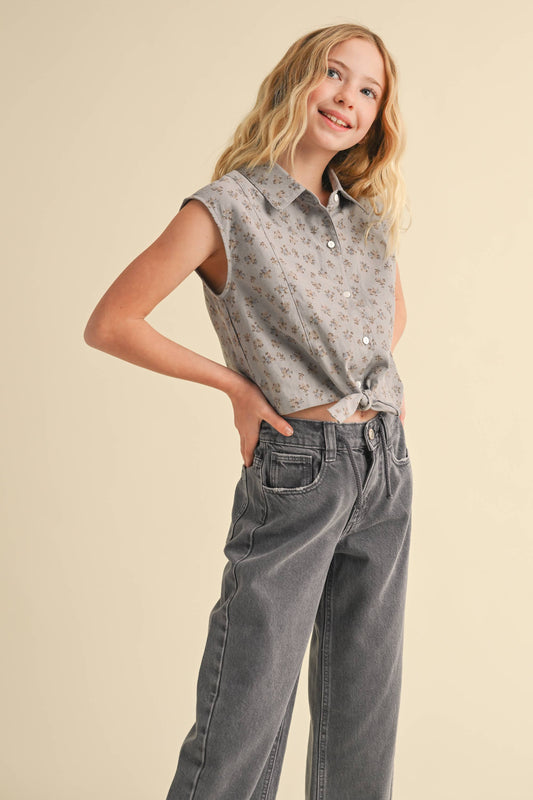 Gray with Floral Detail Tween Crop Top
