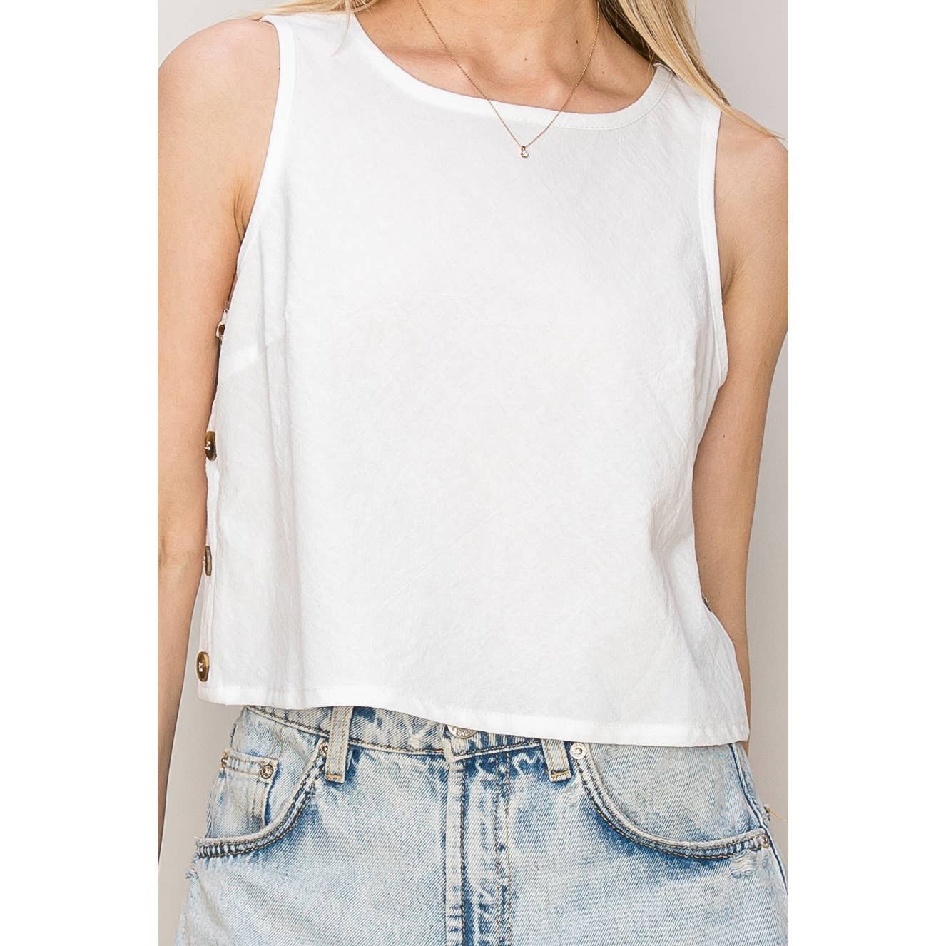 Side-Button Sleeveless White Tank