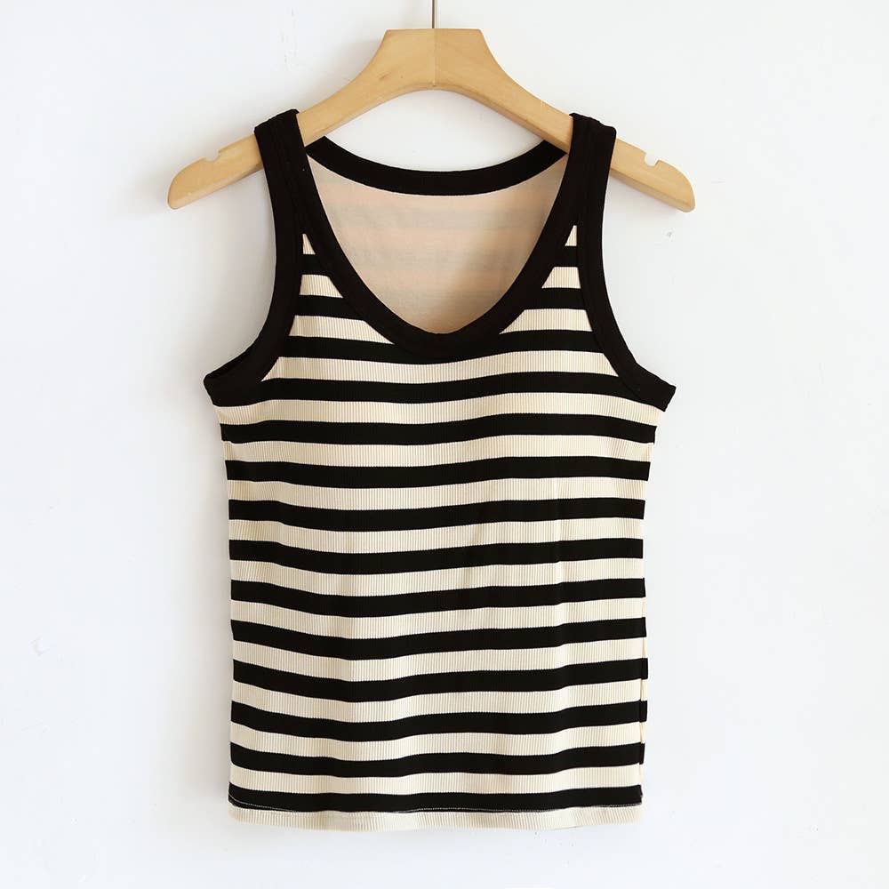 Your Choice...Coffee/ Blue/ Black and Cream Stripe Scoop Neck built-in bra Ribbed Tank Tops