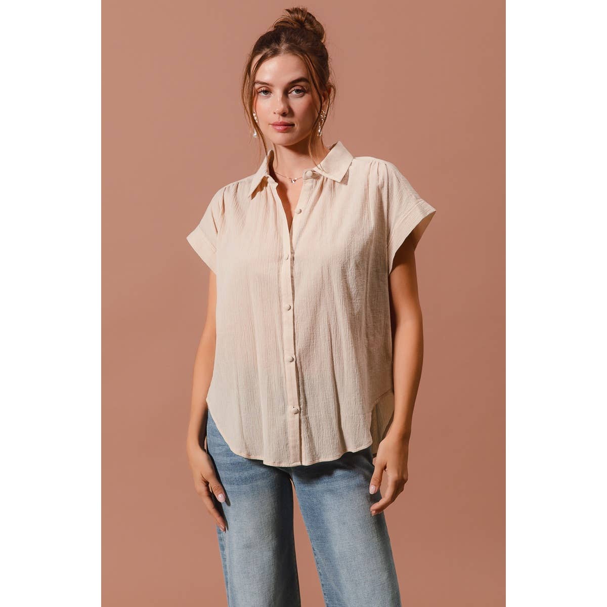 Oatmeal Woven Dolman Button Up Shirt- 141227
