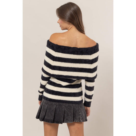 Black & White Cashmere Like Striped Off-Shoulder Sweater