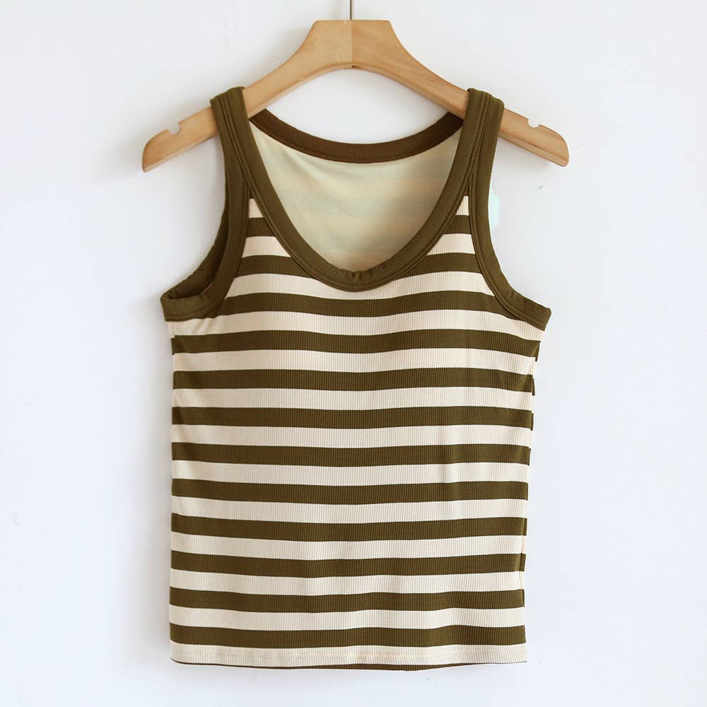 Your Choice...Coffee/ Blue/ Black and Cream Stripe Scoop Neck built-in bra Ribbed Tank Tops
