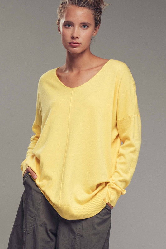 Citrus Yellow Relaxed High-Low V-Neck Tunic Sweater