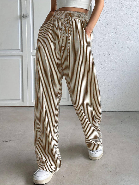 Black and Cream Cotton Blend Striped Straight Leg Drawstring Waist Pants