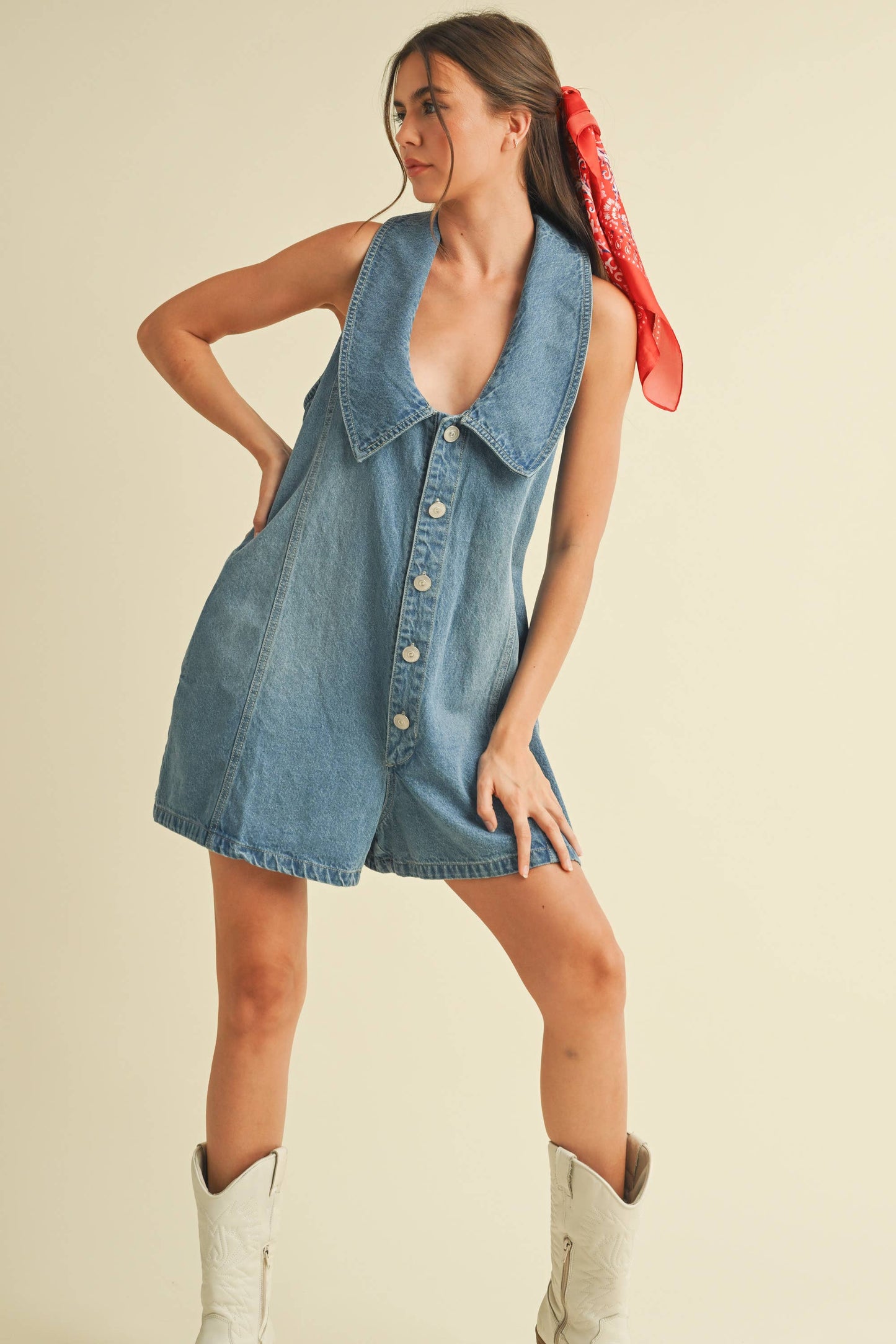 Relax Fit Cotton Denim Button Down Romper with Oversized Collar and Side Pockets