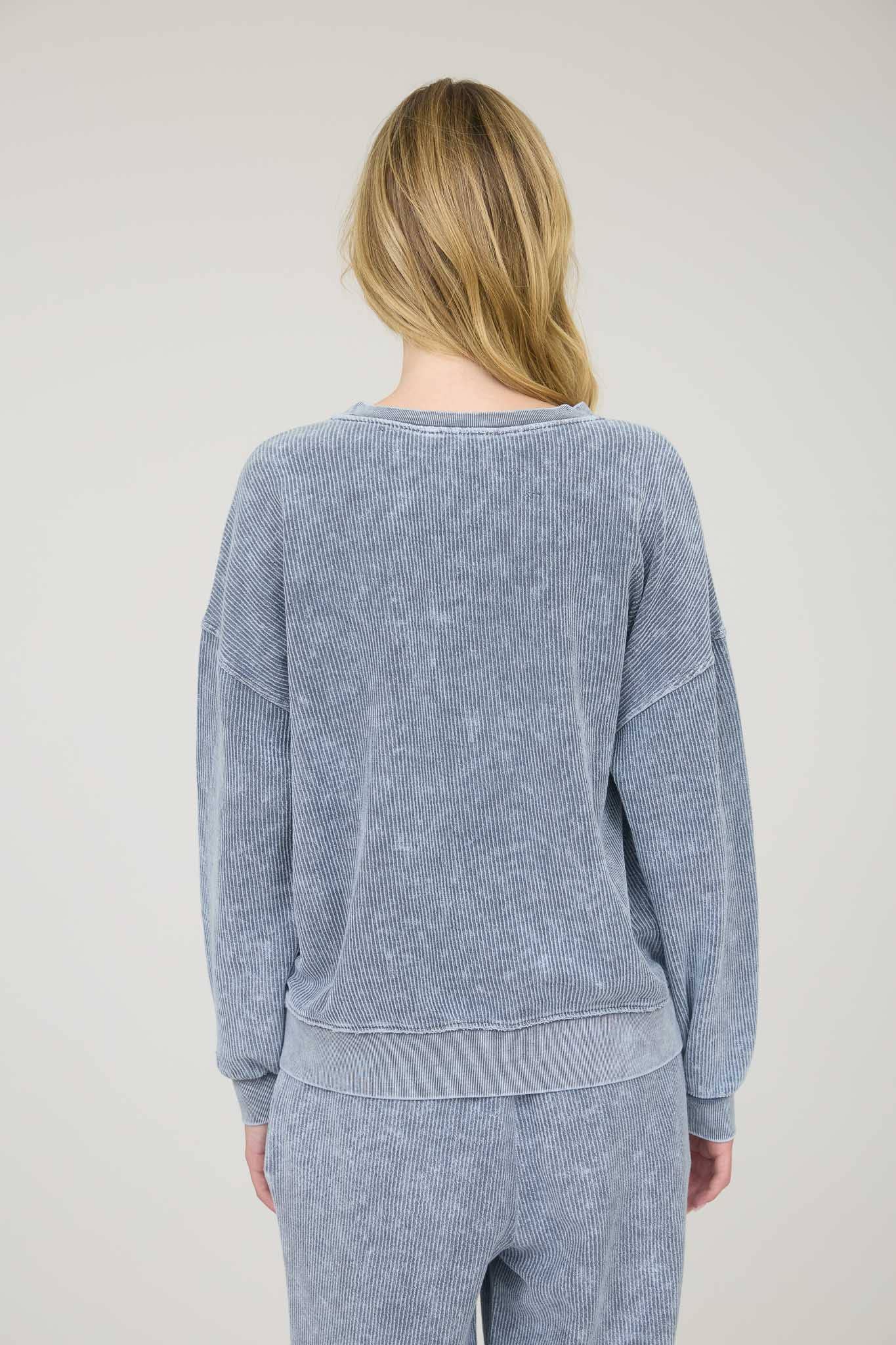 'Mom Club' Acid Washed Blue Ribbed Relaxed Fit Sweatshirt