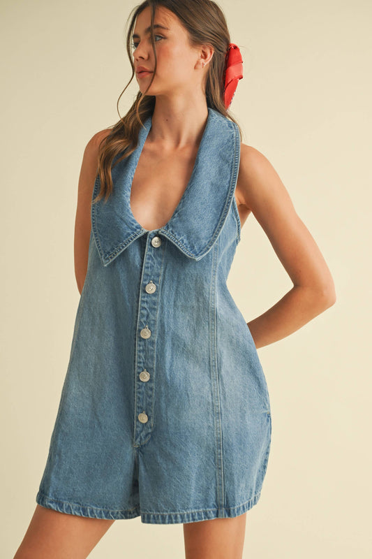 Relax Fit Cotton Denim Button Down Romper with Oversized Collar and  Side Pockets