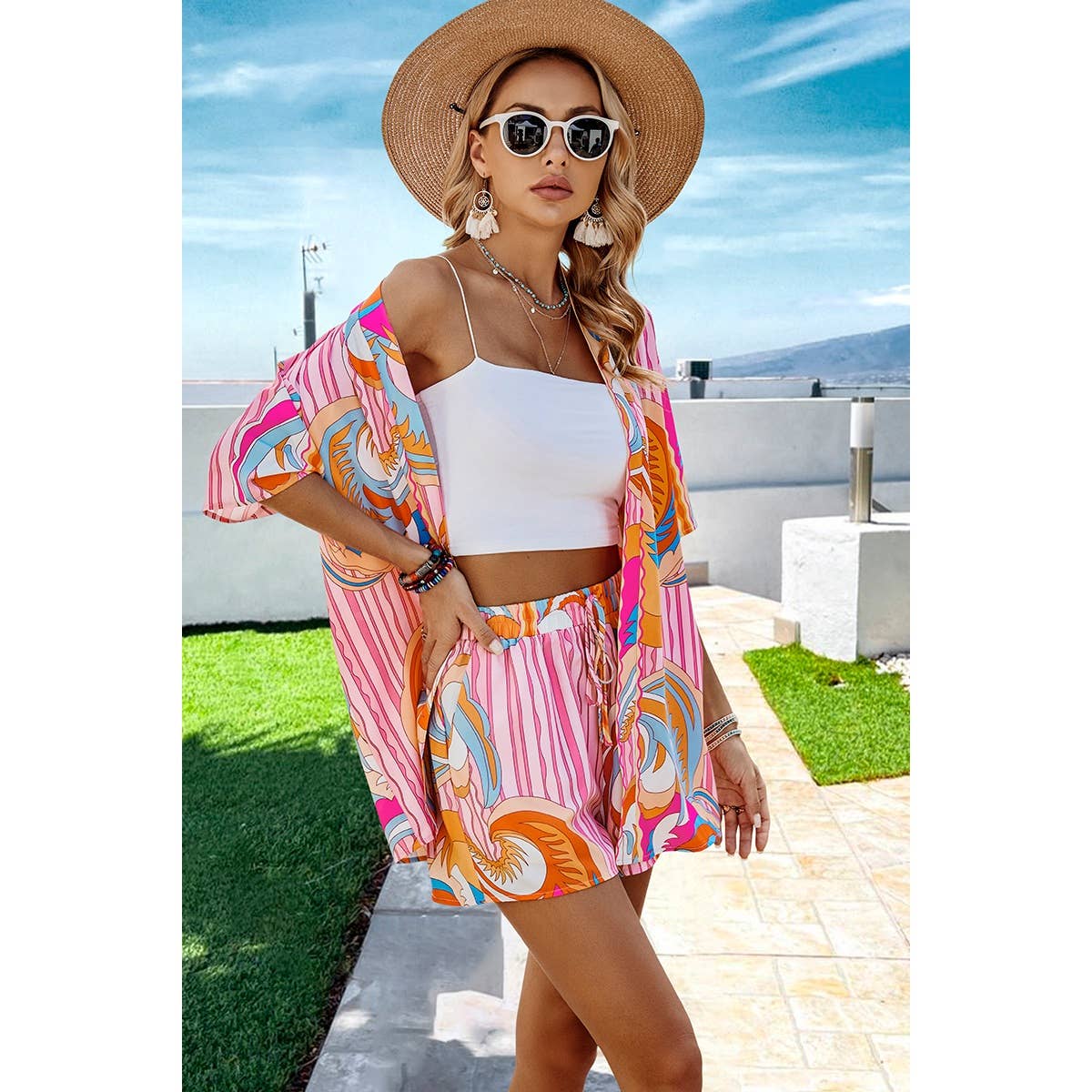 Fun Print Drop Shoulder Blouse Tie Front Shorts