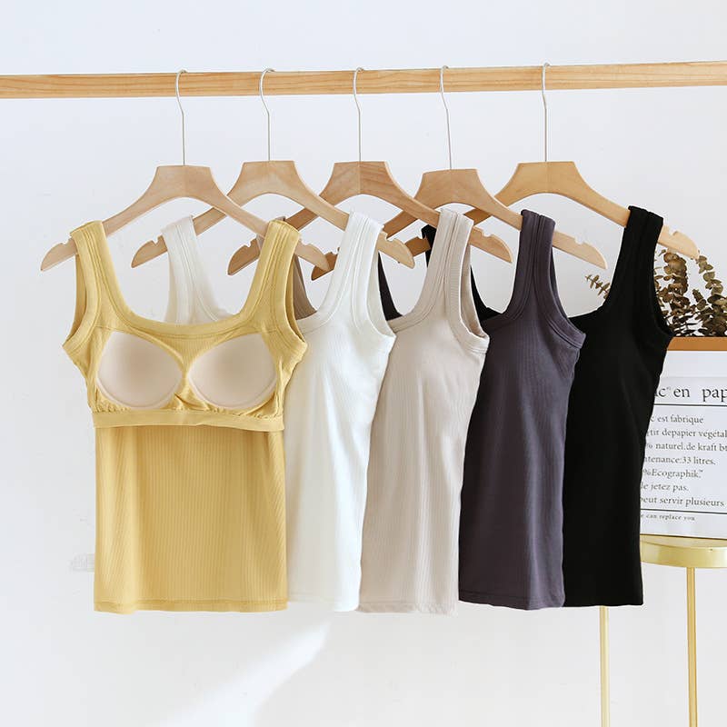Yellow / Black Semi-Sweetheart neck rib knit built-in bra Tank Top