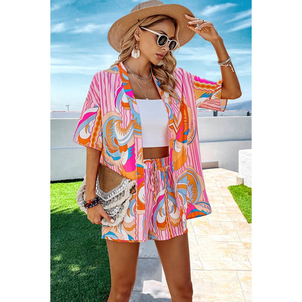 Fun Print Drop Shoulder Blouse Tie Front Shorts
