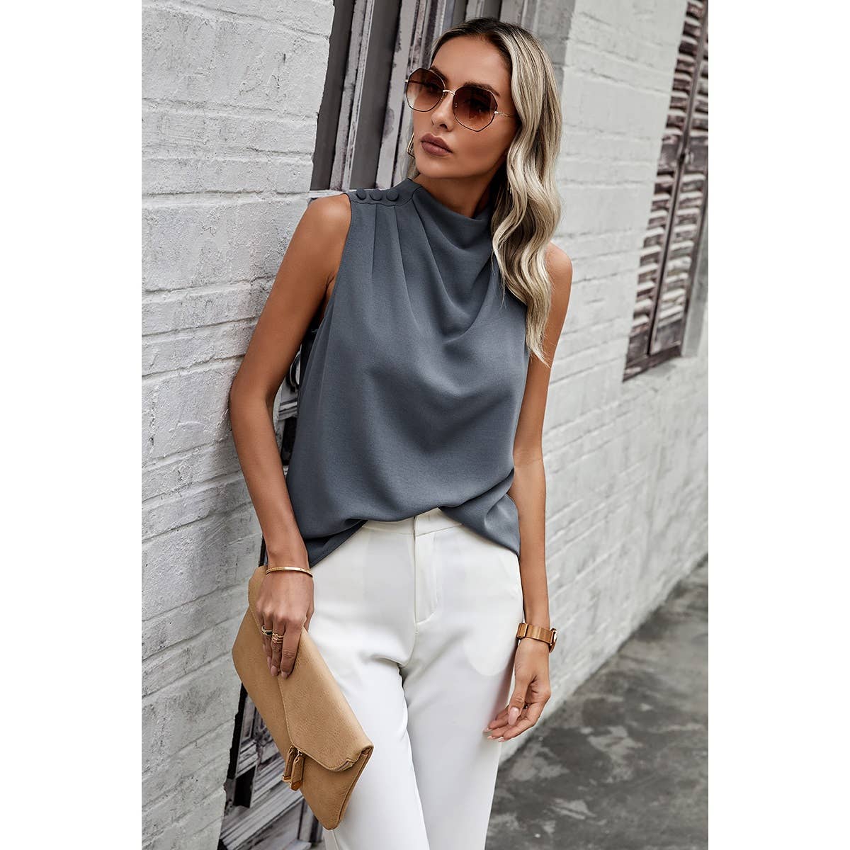 Button Grey Blue Silky Layered Collar Sleeveless Blouse