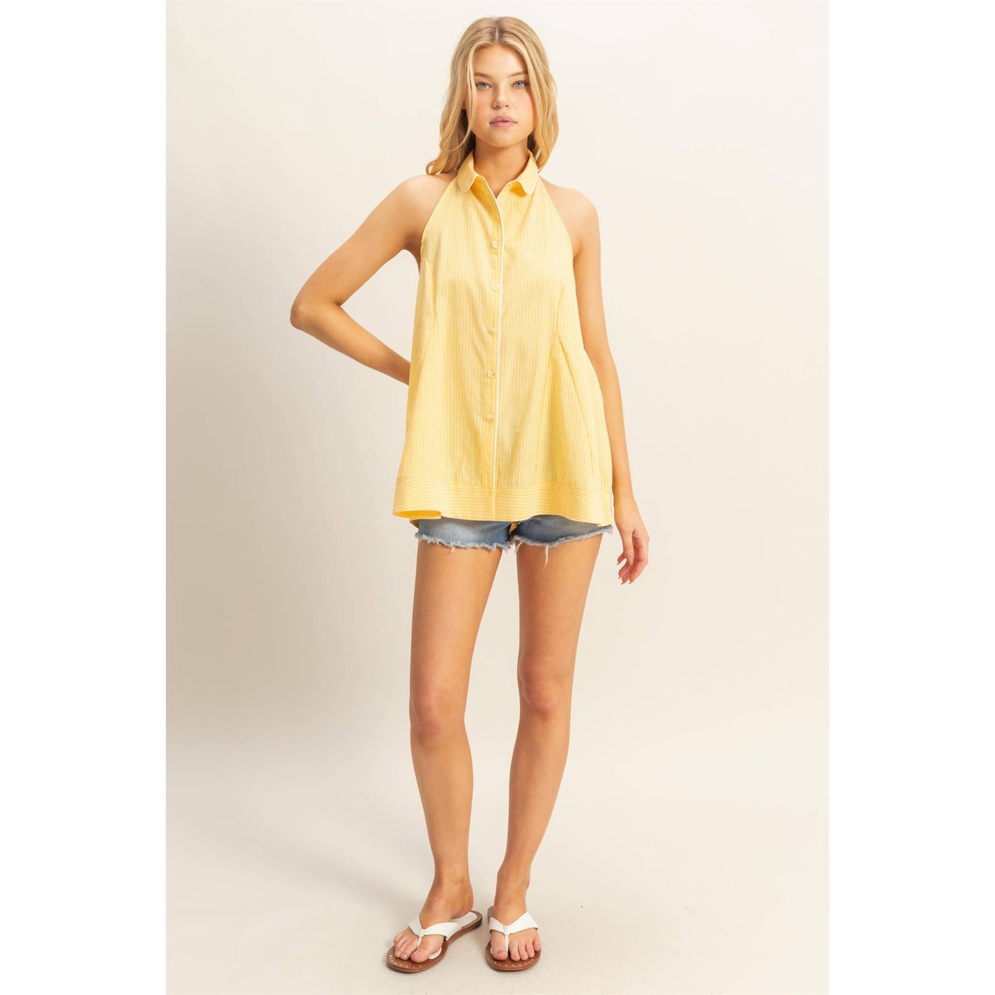 Striped Buttoned Down Relaxed Fit Halter Top