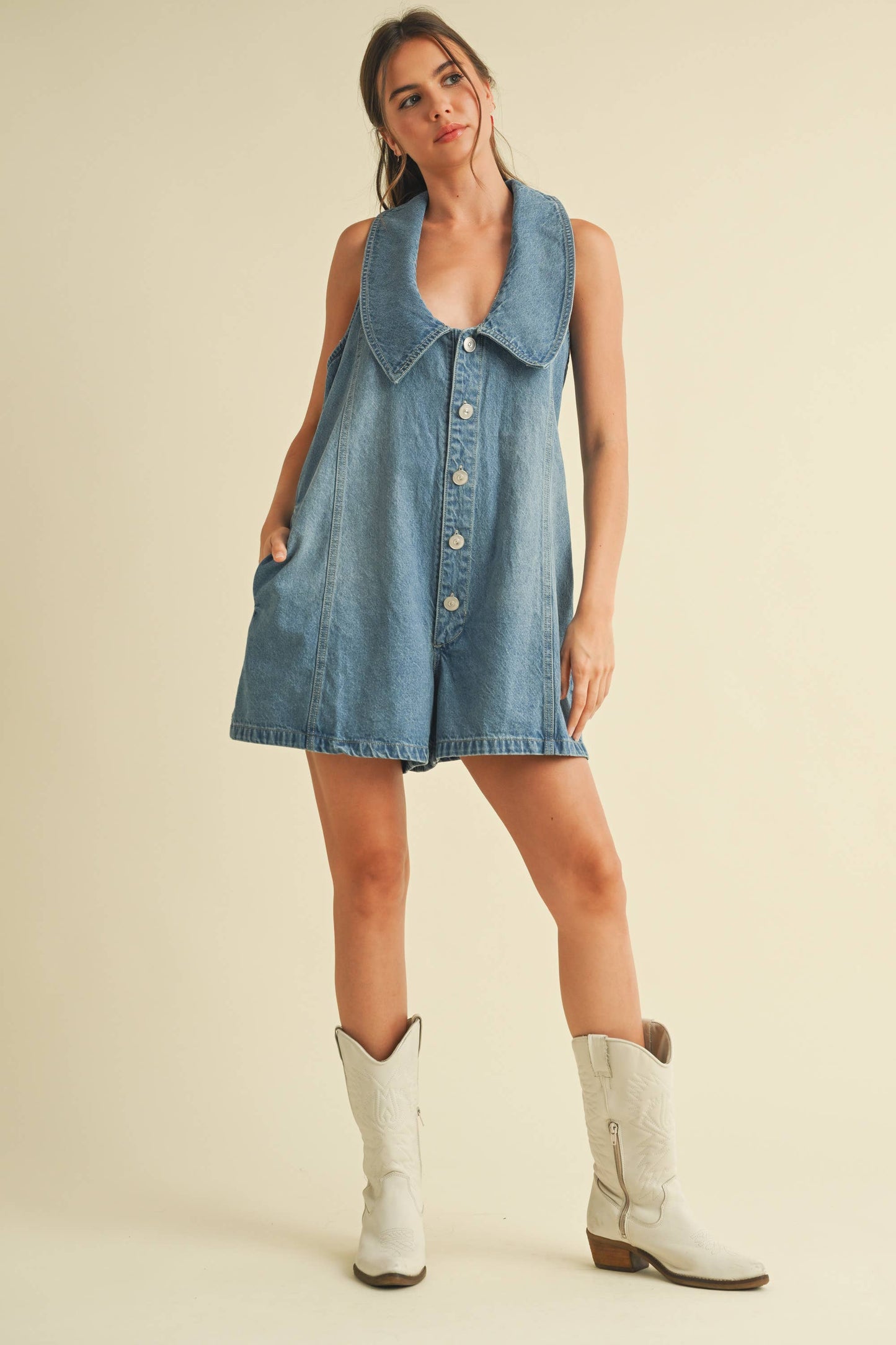Relax Fit Cotton Denim Button Down Romper with Oversized Collar and Side Pockets