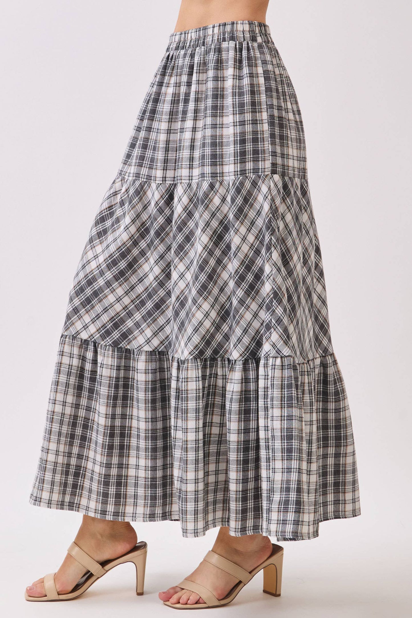 Boho Plaid Tiered Midi Skirt