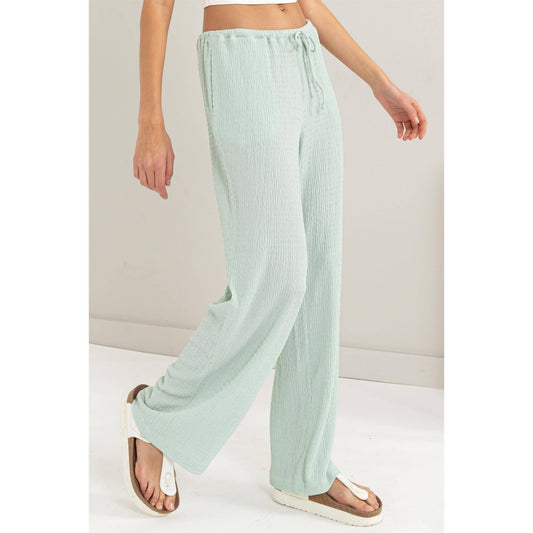 Soft Mint Crinkle Knit Wide Leg Drawstring Pants