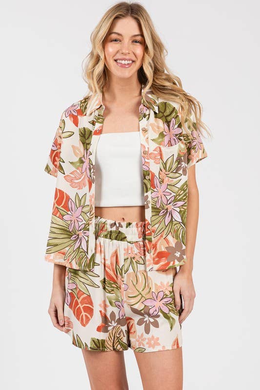 Ivory and Coral Foliage Print Flirty Dolphin Hem Line Shorts