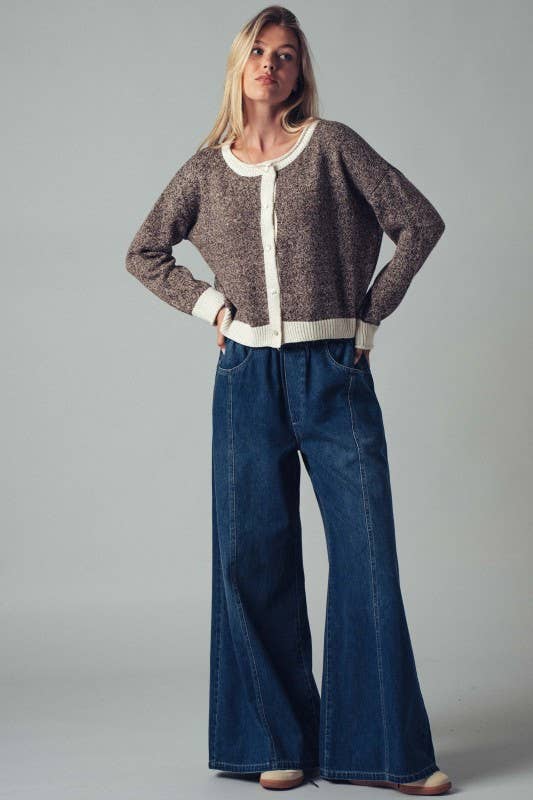 Cream Detail Mocha Soft Knit Button-front Cardigan Sweater