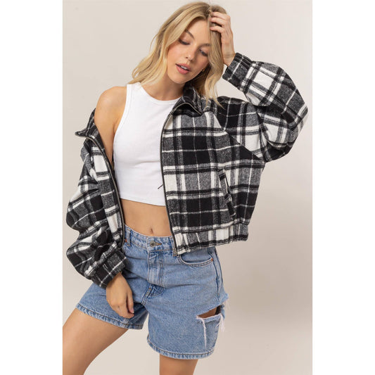 Soft Flannel Black Plaid Zip-Up Moto Jacket