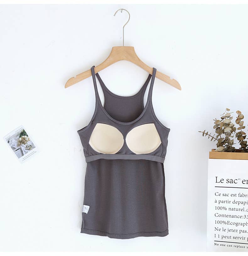 Beige athletic Spoon U-neck built-in bra rib tank top