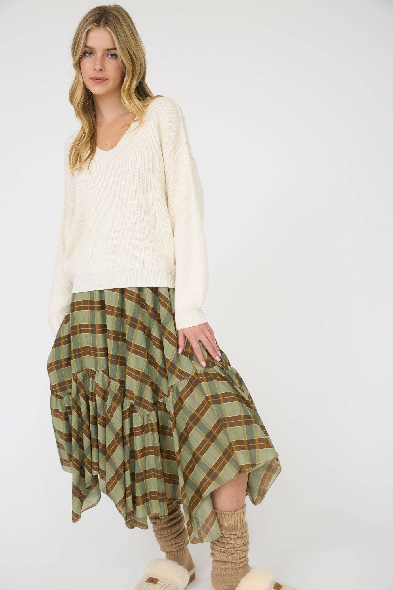 Green Plaid Ruffle Handkerchief Hem Midi Skirt