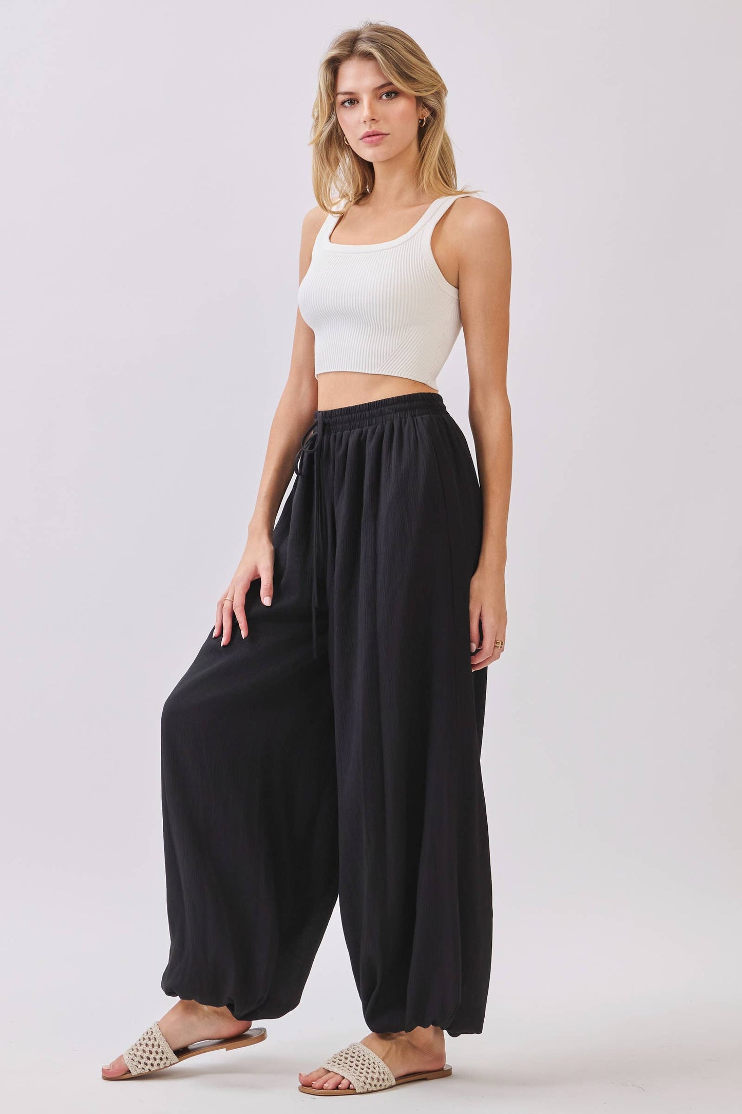 Black Lined Flowy Gathered Wide Leg Pants