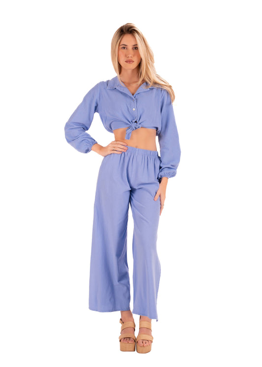 Tropic Blue Side Slit Cotton Pants