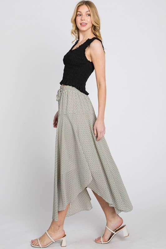 Jade and Burgundy Midi Skirt Juliana Pattern Drawstring Waist and Flared Curve Hemline