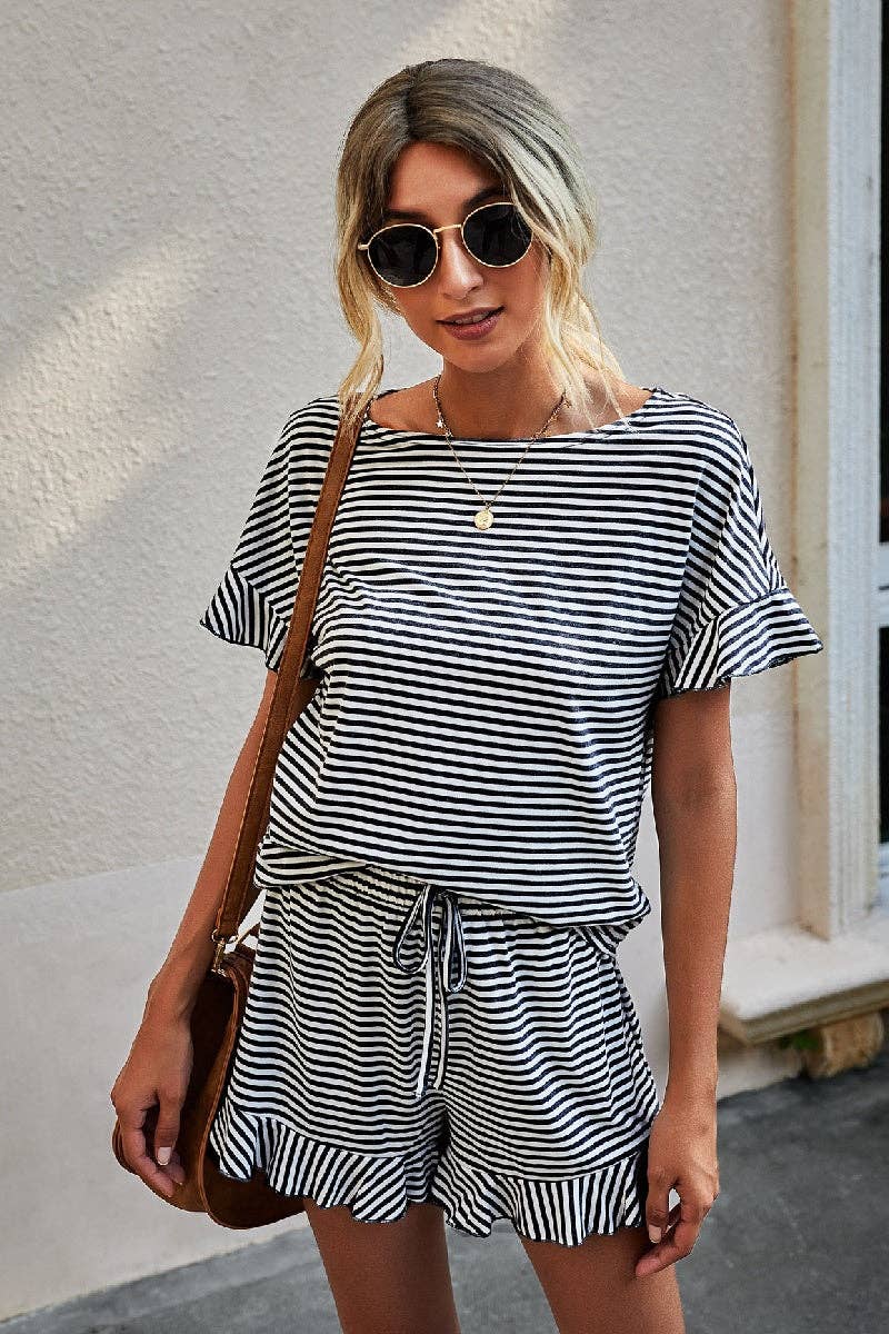 Boat Neck Grey/White Striped Top Ruffled Short Set