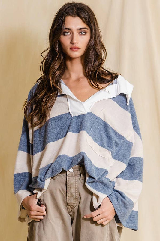 Soft Brushed Cotton Blue and White Striped Big Open Collared Top