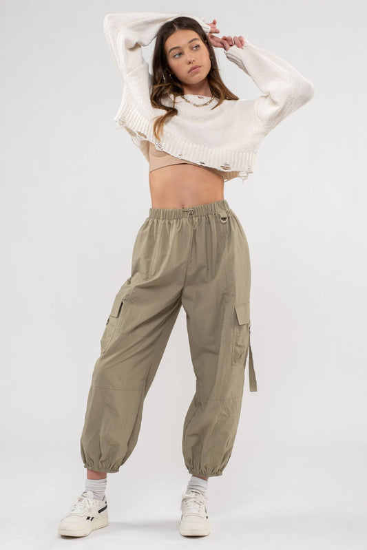 Light Olive Parachute Cargo Pants- 131012