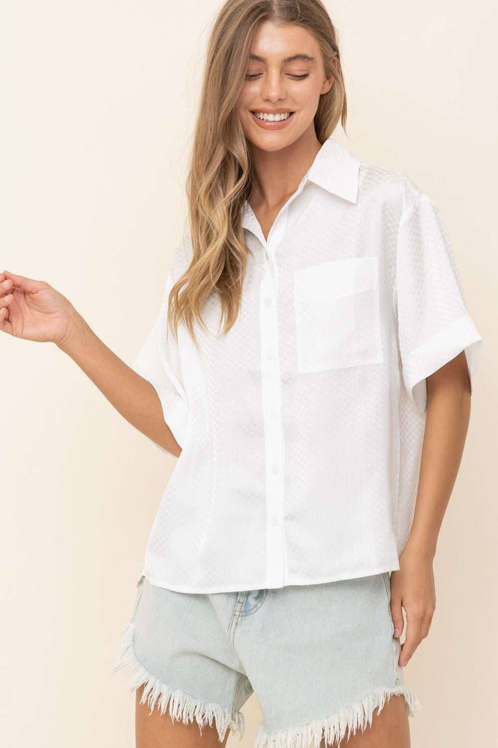 White Isla Textured Button-Up Oversized Top