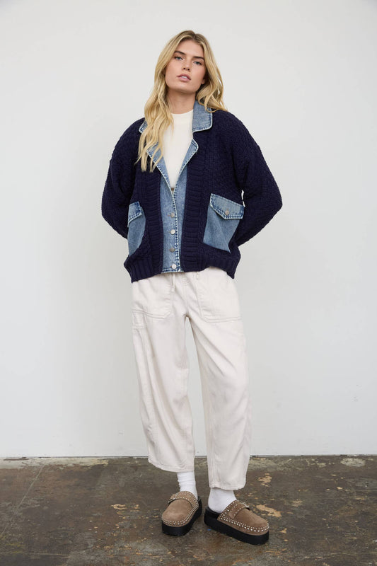 Navy Cable Knit Sweater with Denim Trim - 151410