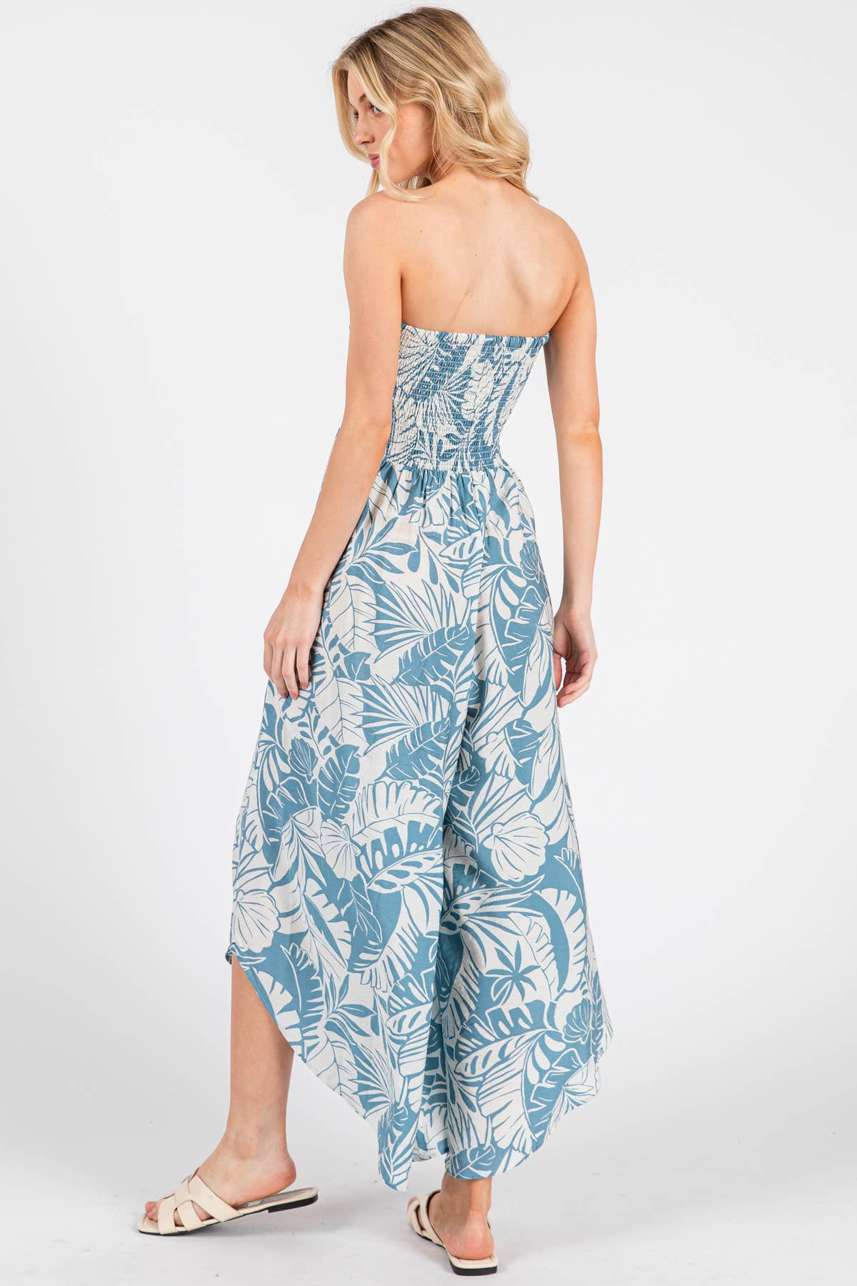 Blue and Cream Flowy Tropic Print Smocked Top Detail Jumpsuit