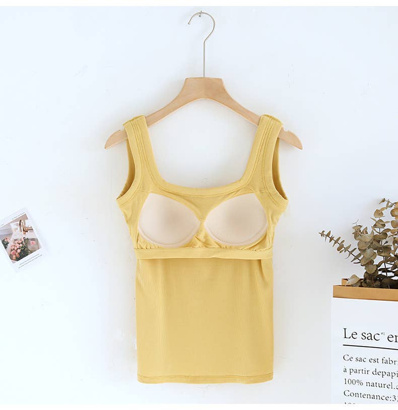 Yellow / Black Semi-Sweetheart neck rib knit built-in bra Tank Top