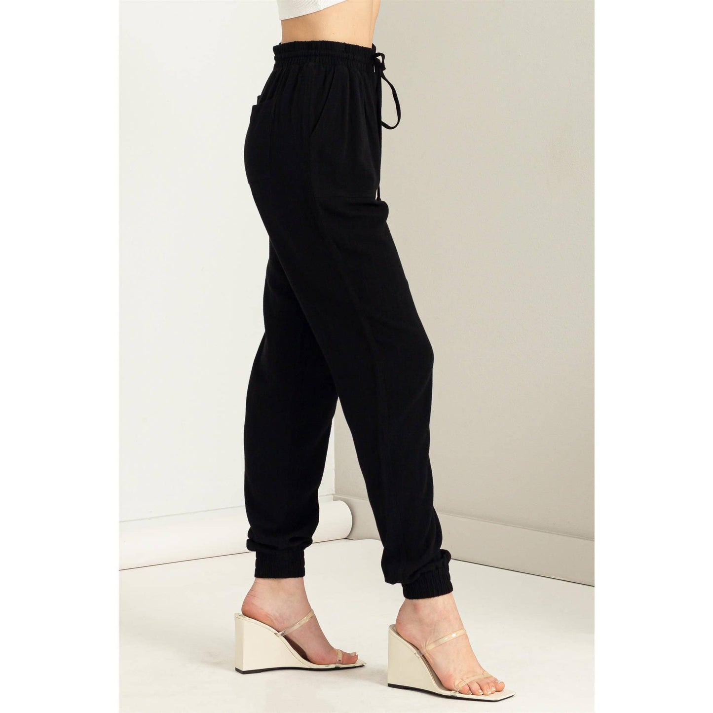 Pale Olive Green Linen Drawstring Jogger Pants