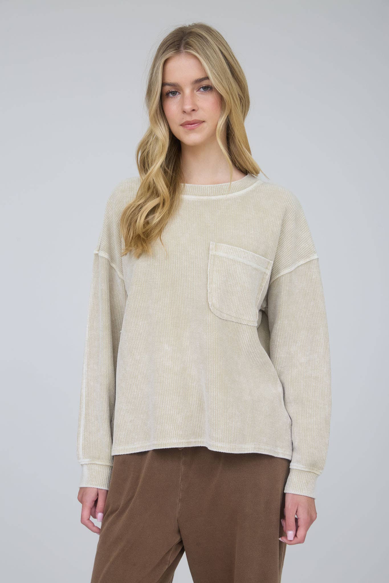 Khaki Acid Washed Ribbed Oversized Cotton Top