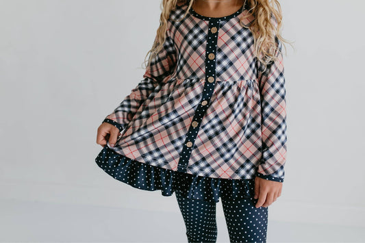 Tan Plaid Top & Polka Dot Ruffle Button Legging Set
