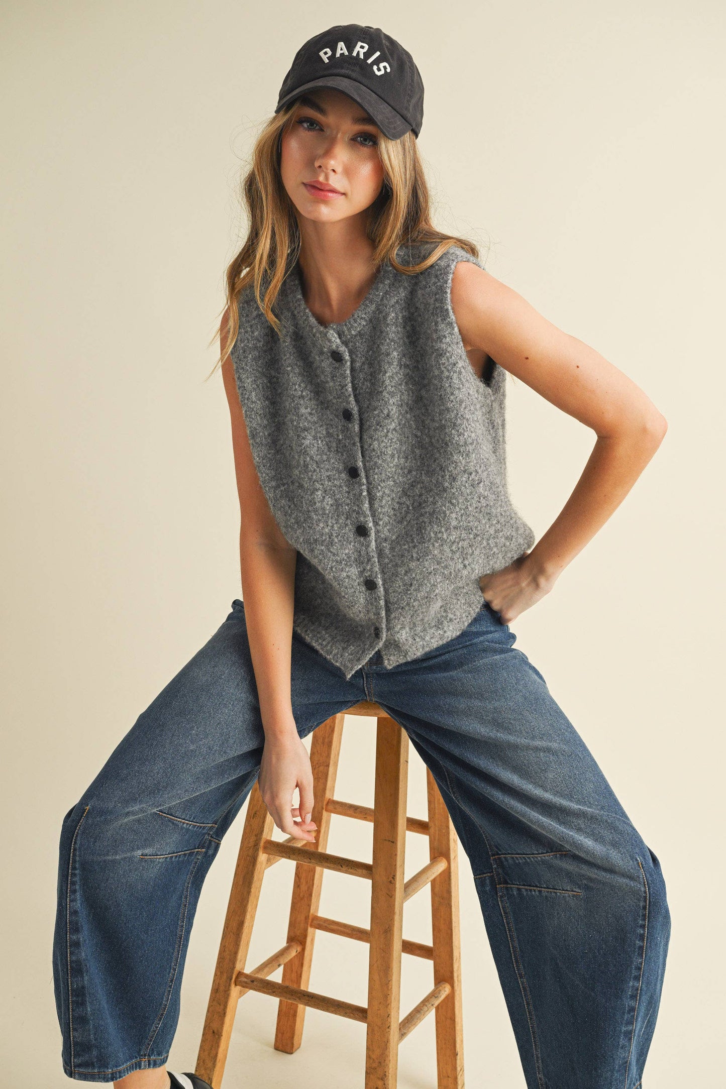 Soft Grey with Black Button Detail Sweater Vest