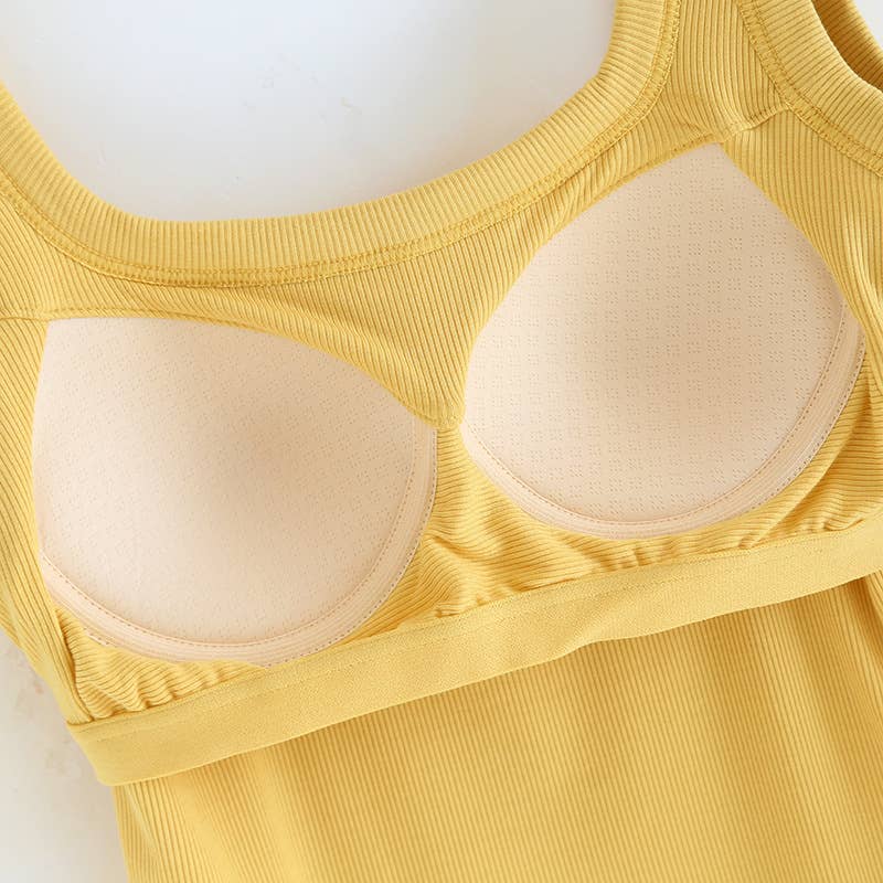 Yellow / Black Semi-Sweetheart neck rib knit built-in bra Tank Top