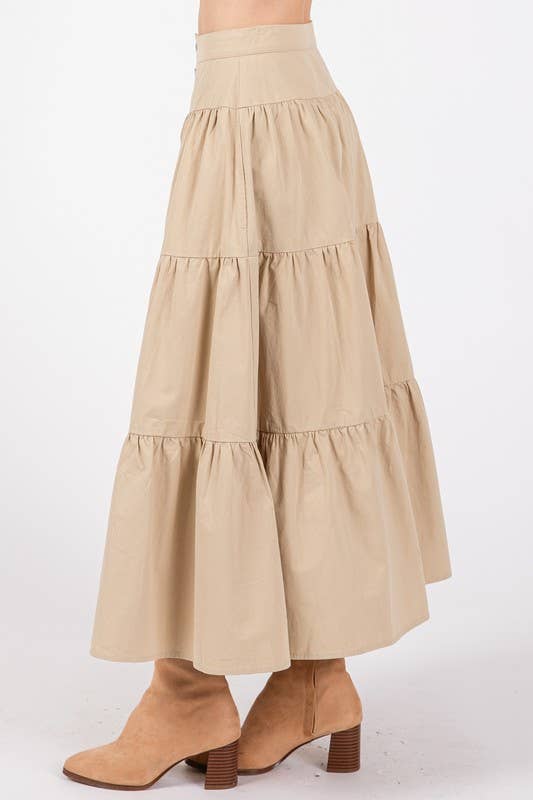 Beige Tiered Cotton Maxi Skirt W/ Button Detailed Front