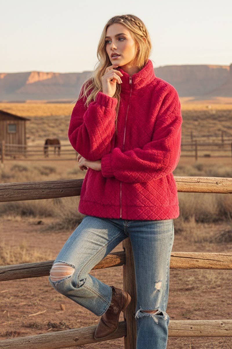 Fuchsia Faux Fur Zip Up Jacket- 161679